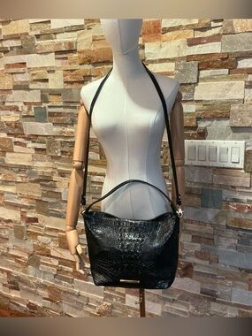 BRAHMIN Black Melbourne Crocodile Embossed Leather Hobo Shoulder Bag - Authentic